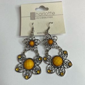 Charlotte Accessories Hanging Earrings Floral Orange Yellow Golden Rhinestones